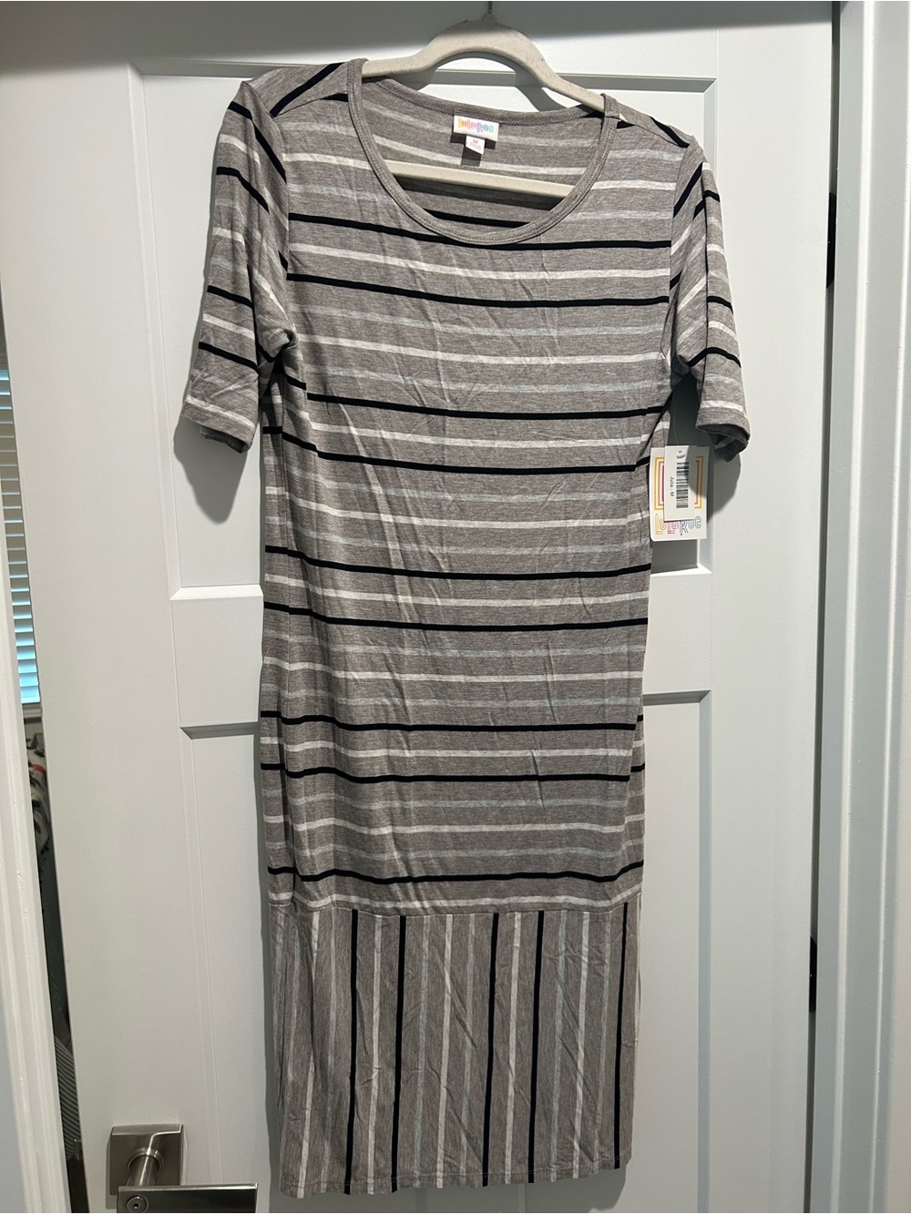 LuLaRoe Gray and Black Striped Midi Dress